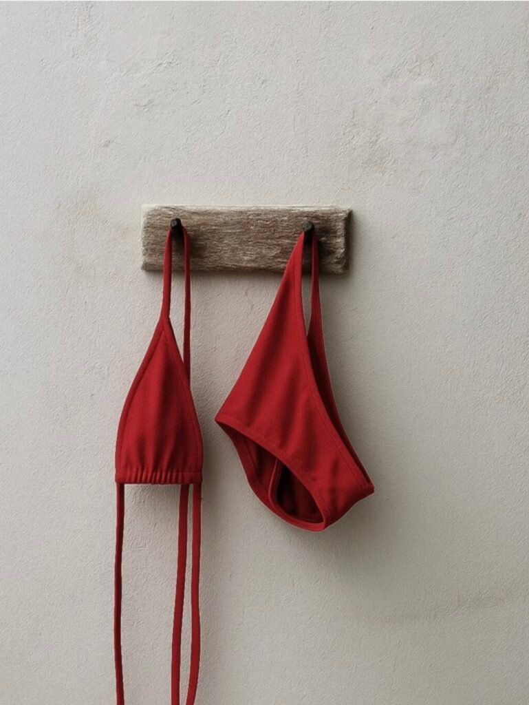 red swimsuit hanging on a wall, quiet end of summer
