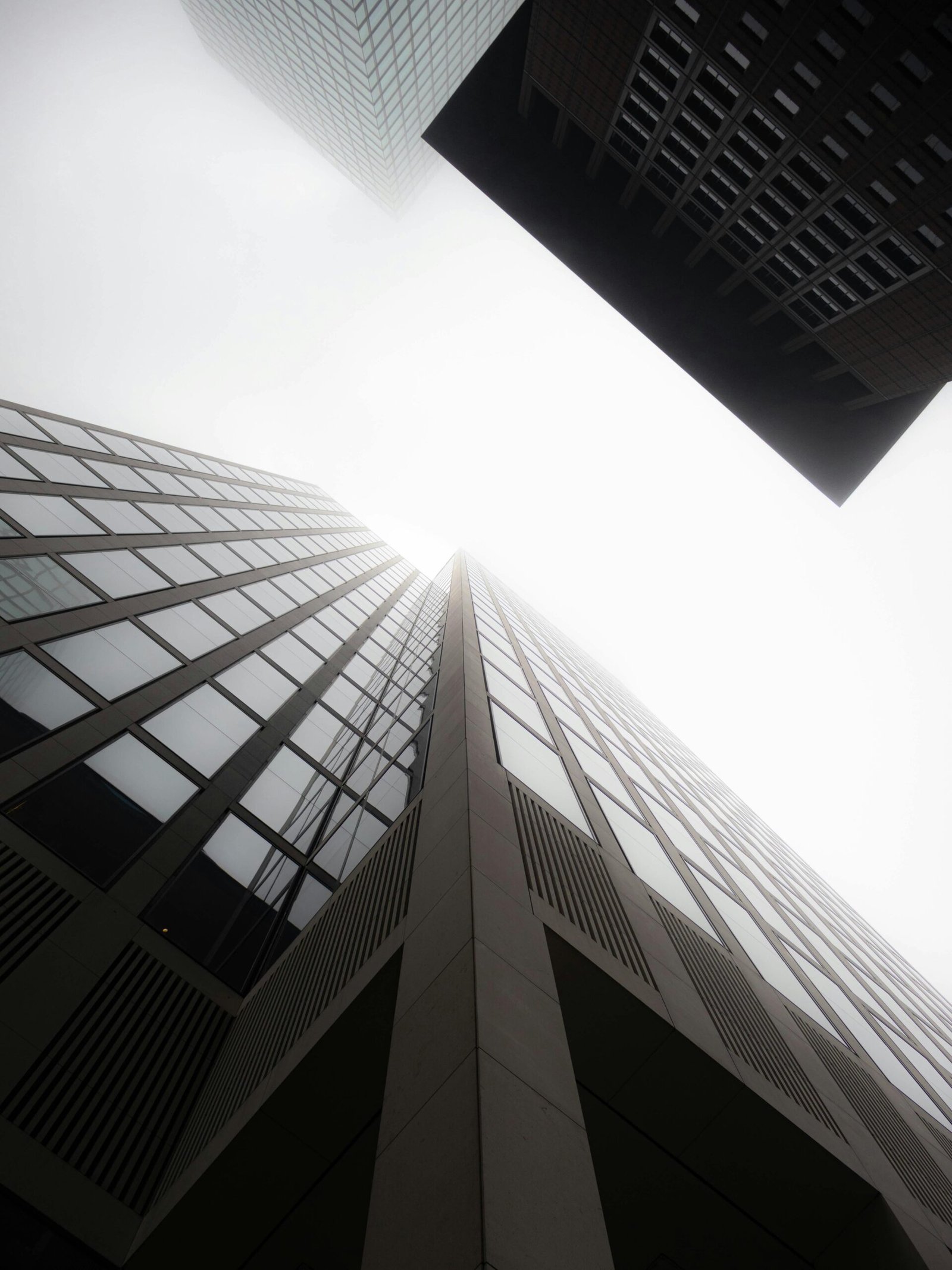 Looking up at a tall city building disappearing into the light — sharp lines, quiet sky, a sense of distance.